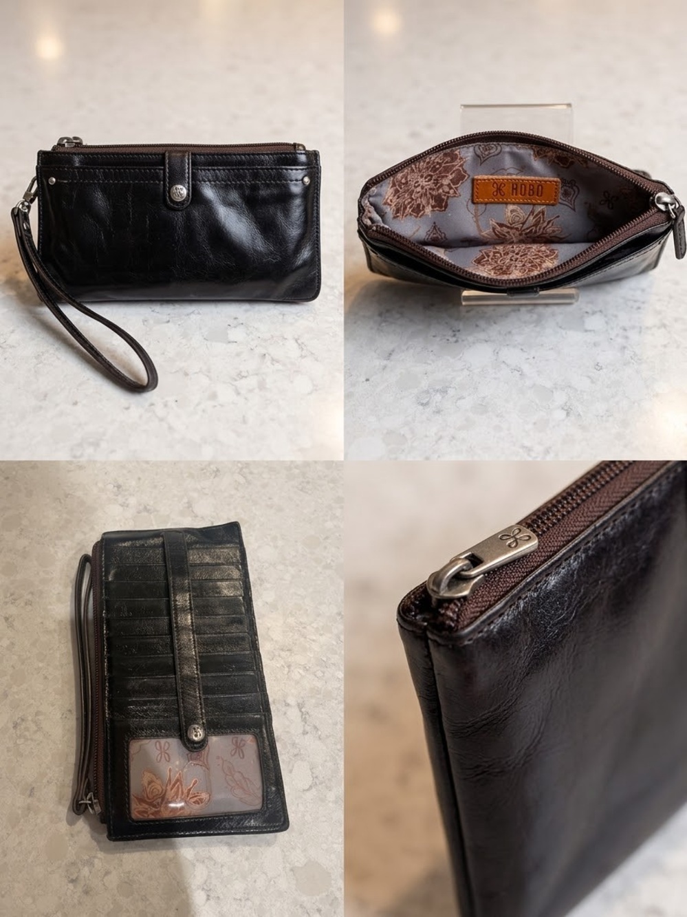 HOBO Black Leather Wristlet with Brown Interior Patch and Floral Lining